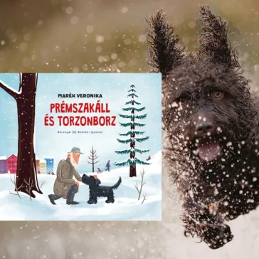 A képen a Prémszakáll és Torzonborz című könyv látható a háttérben egy fekete kutyával.