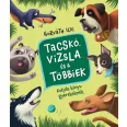 A képen a Tacskó vizsla és a többiek című könyv látható a háttérben kutyákkal.