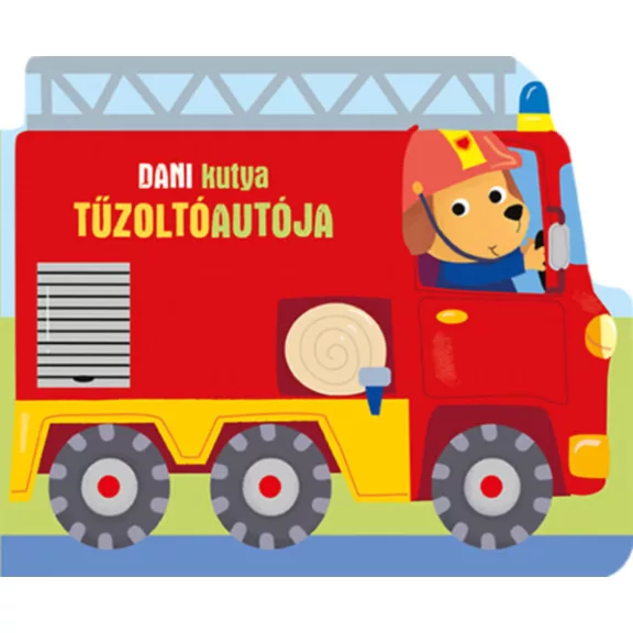 A képen a Dani kutya tűzoltóautója című könyv látható tűzoltóautókkal a háttérben.