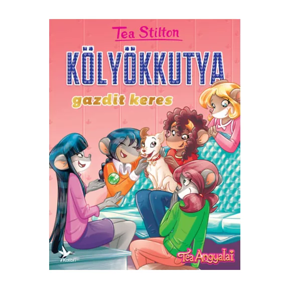 A képen a Kölyökkutya gazdit keres című könyv látható szivecskés háttér előtt.