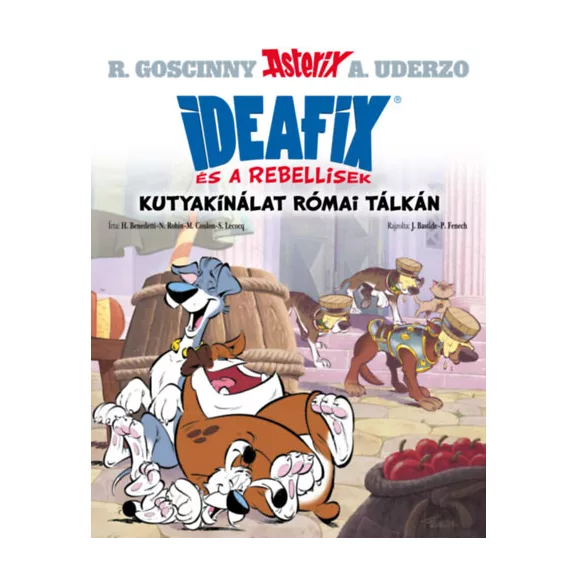 A képen a Kutyakínálat római tálkán című könyv látható a háttérben kutyákkal.