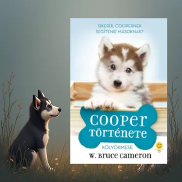 A képen a Cooper története című könyv látható a háttérben egy husky.