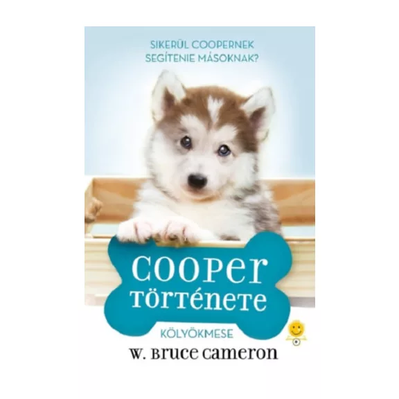A képen a Cooper története című könyv látható a háttérben egy husky.