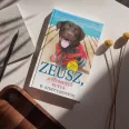 A képen Zeusz A vízimentő kutya című könyv látható a háttérben két kutyával.