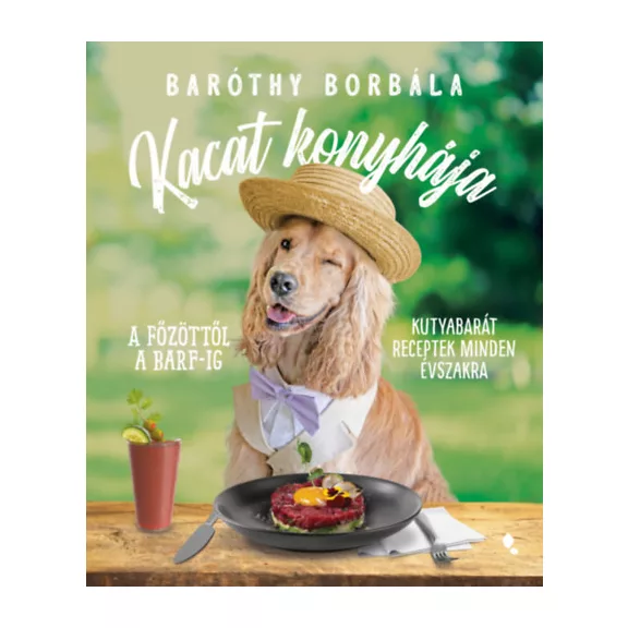 A képen a Kacat konyhája című könyv látható a háttérben egy spániel.