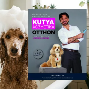 A képen a Kutyakozmetika otthon című könyv látható a háttérben egy kutyával a fürdőkádban.
