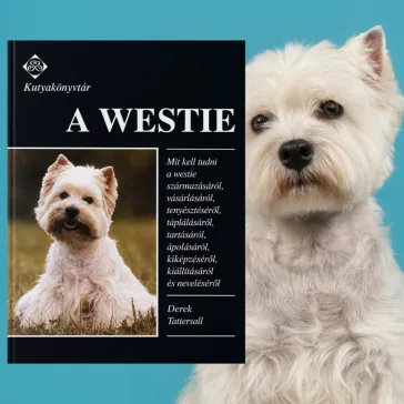 A képen A westie című könyv látható kutyás témájú háttérrel.