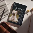 A képen A westie című könyv látható kutyás témájú háttérrel.
