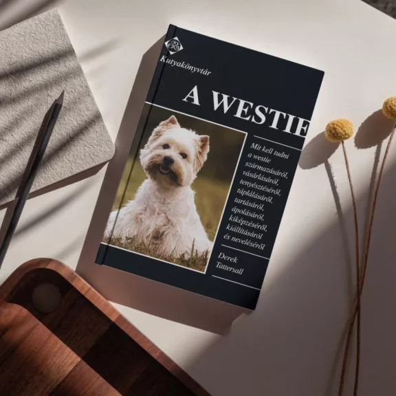 A képen A westie című könyv látható kutyás témájú háttérrel.