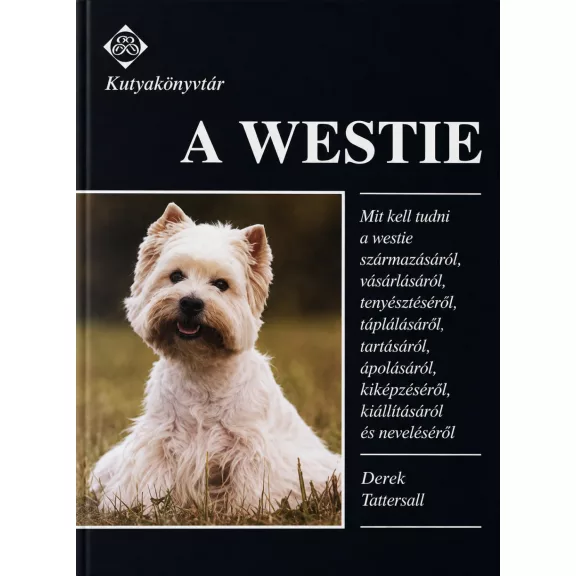 A képen A westie című könyv látható kutyás témájú háttérrel.