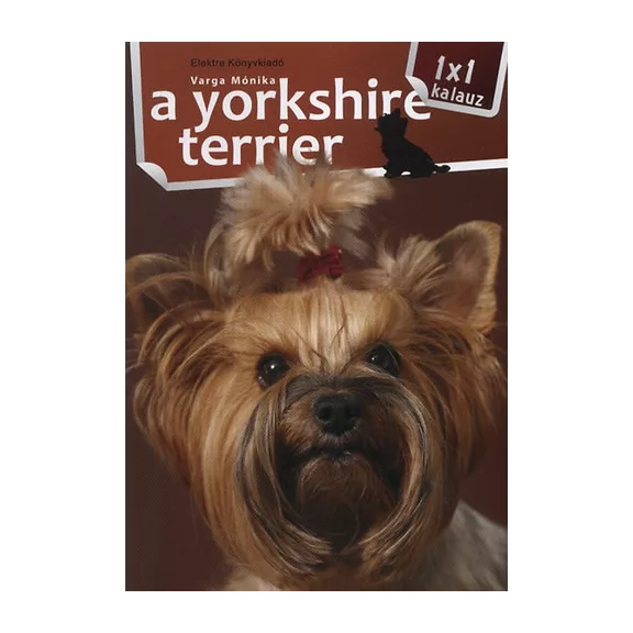 A képen A yorkshire terrier 1x1 kalauz című könyv látható a háttérben egy yorkshire terrier.