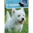 A képen A westie 1x1 kalauz című könyv látható a háttérben egy westie a fűben.