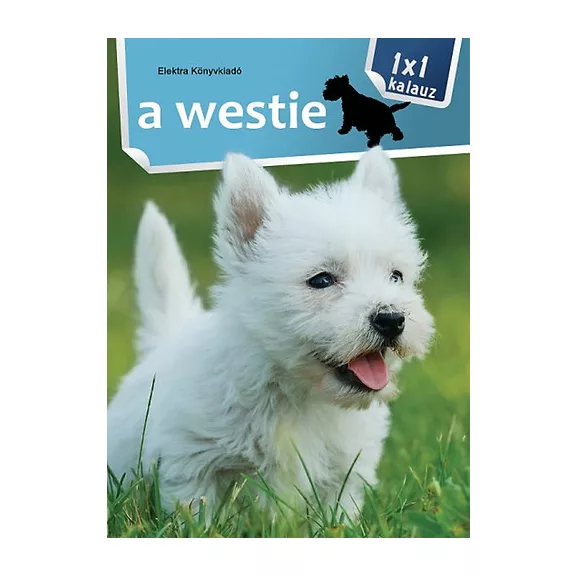 A képen A westie 1x1 kalauz című könyv látható a háttérben egy westie a fűben.