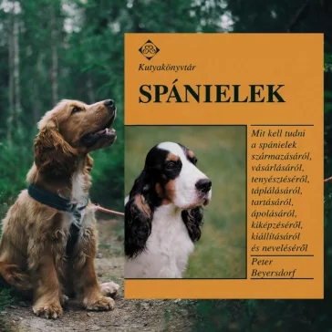 A képen a Spánielek című könyv látható kutyás témájú háttérrel.