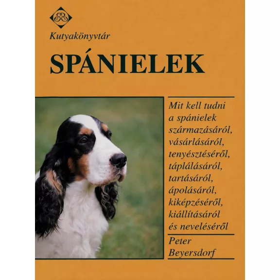 A képen a Spánielek című könyv látható kutyás témájú háttérrel.