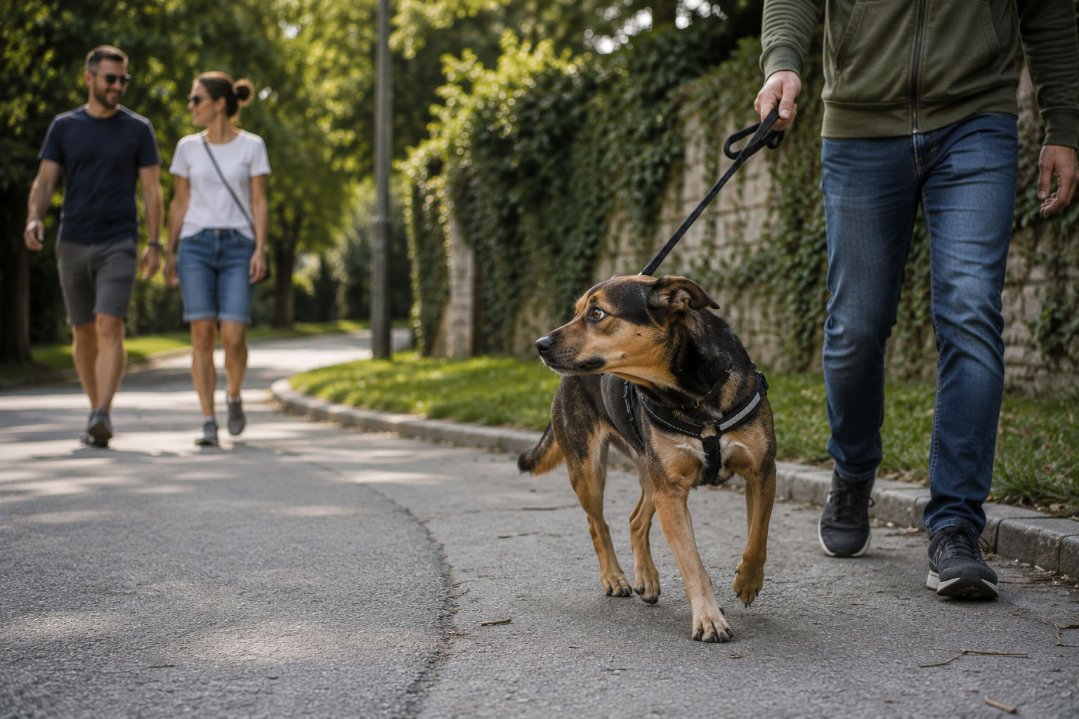 Gazdi nyugodt pórázkezelést gyakorol kutyájával tágas környezetben
