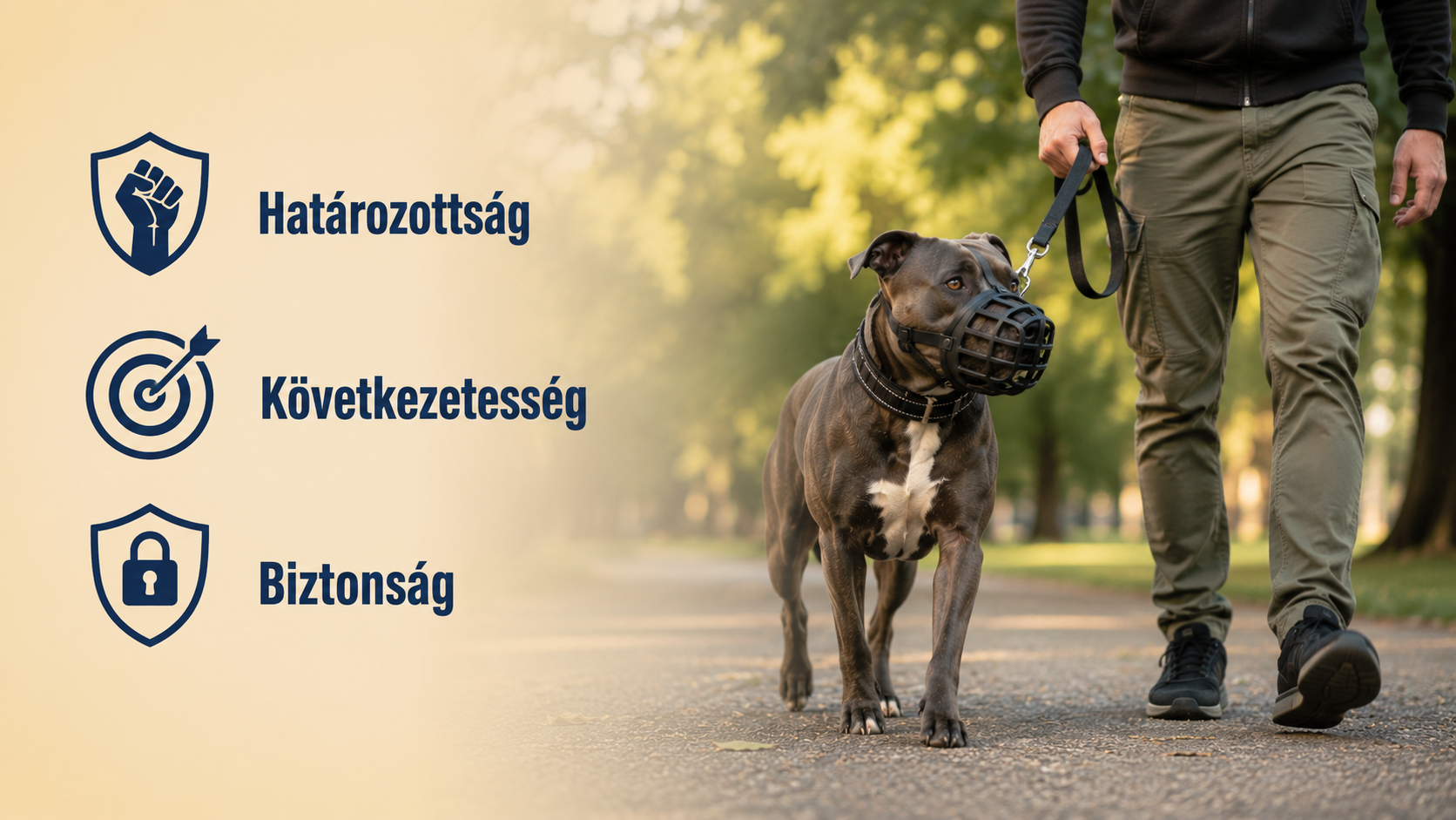 Kutyatréner, gazdi és kutya ellenőrzött gyakorlási helyzetben, nagyobb térrel és szabályozható távolsággal