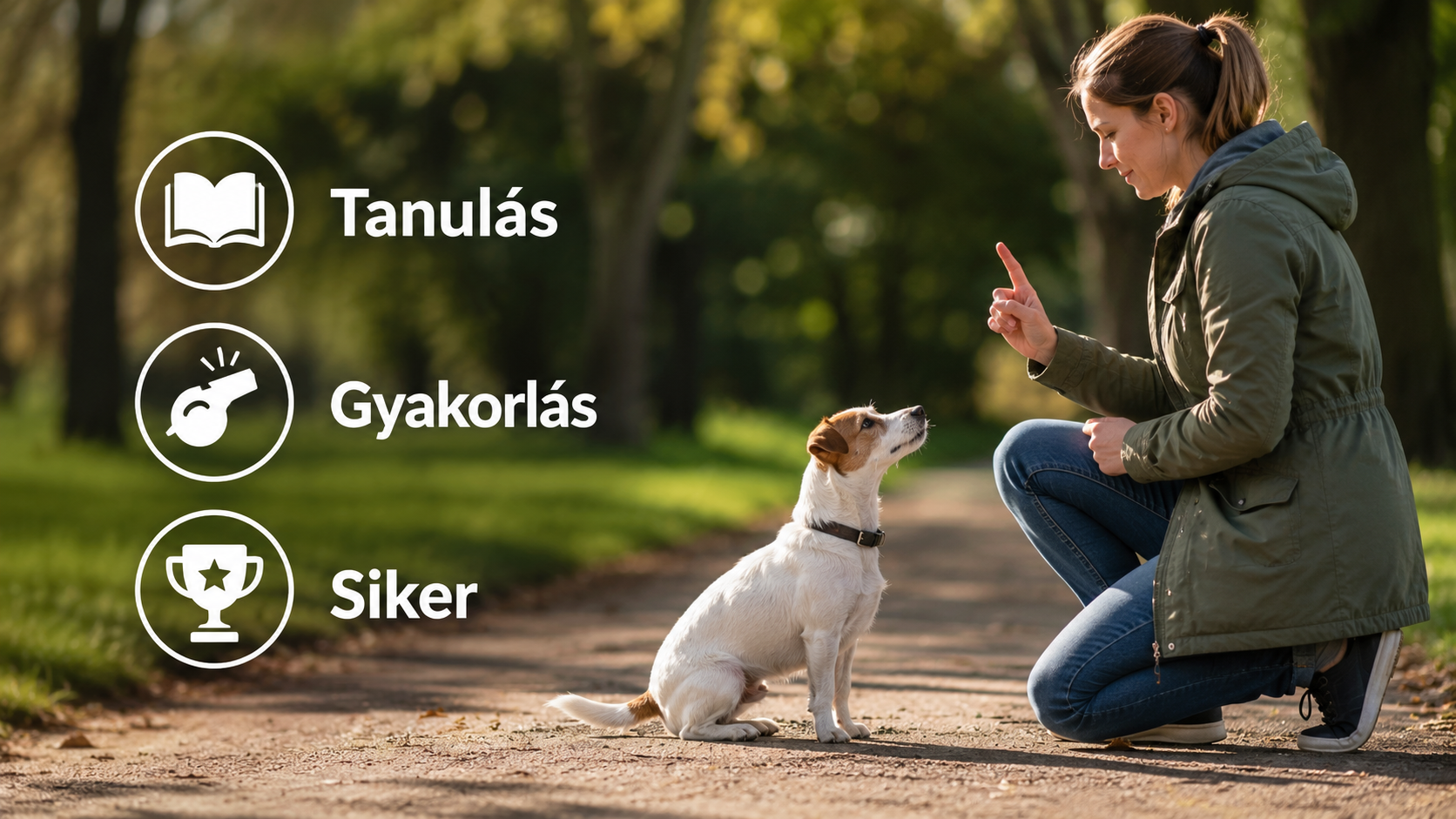 Kutyatréner, gazdi és felnőtt kutya közös gyakorlás közben