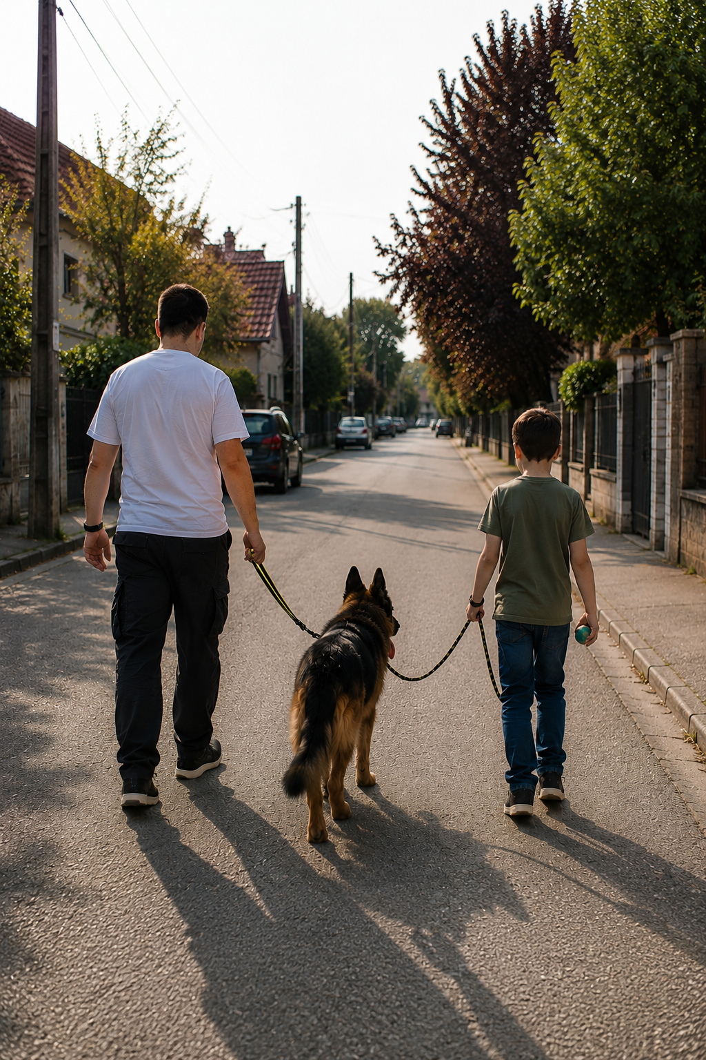 Gyermek és felnőtt közösen sétáltat egy kutyát