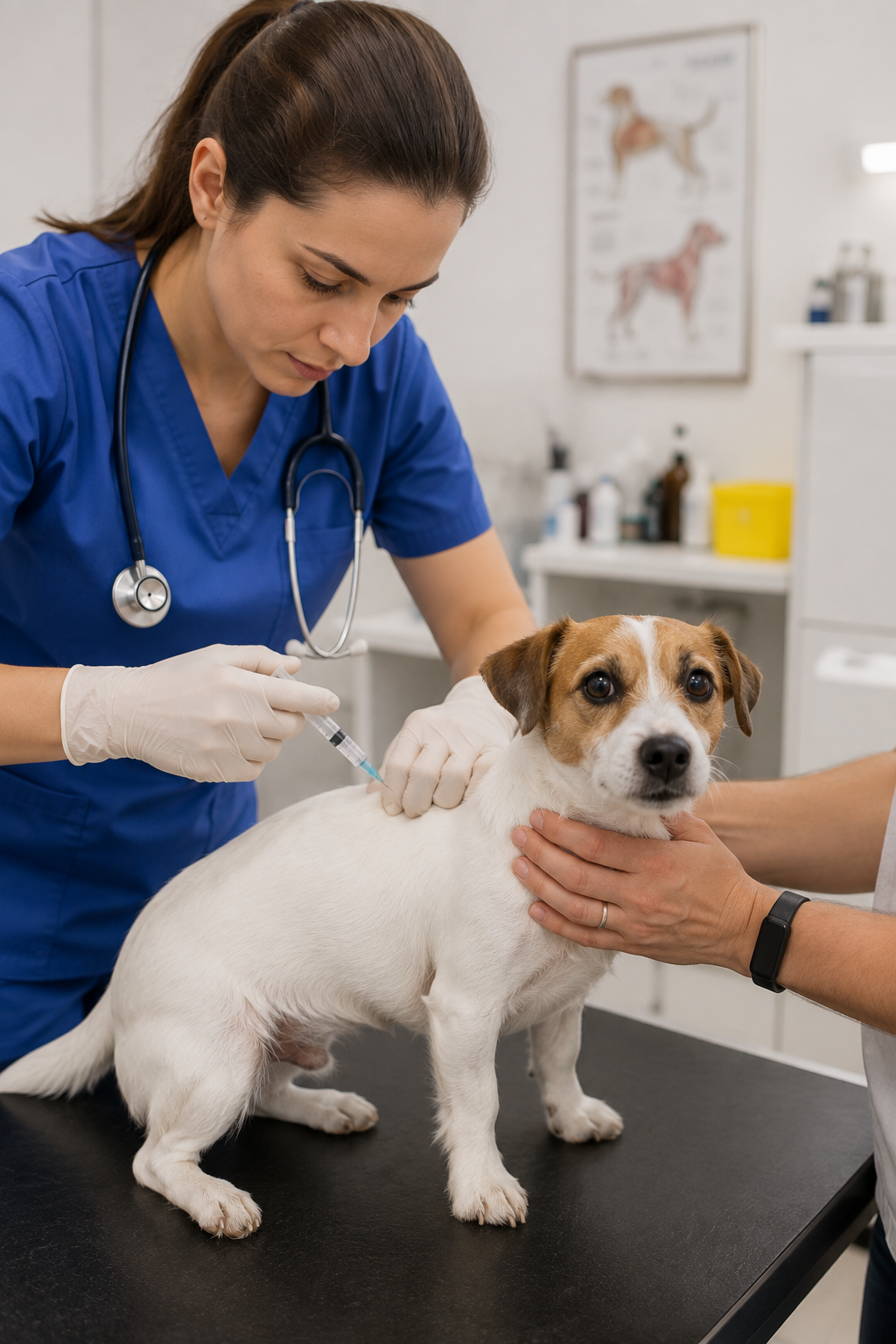 Állatorvos oltást ad egy Jack Russell terriernek a rendelőben
