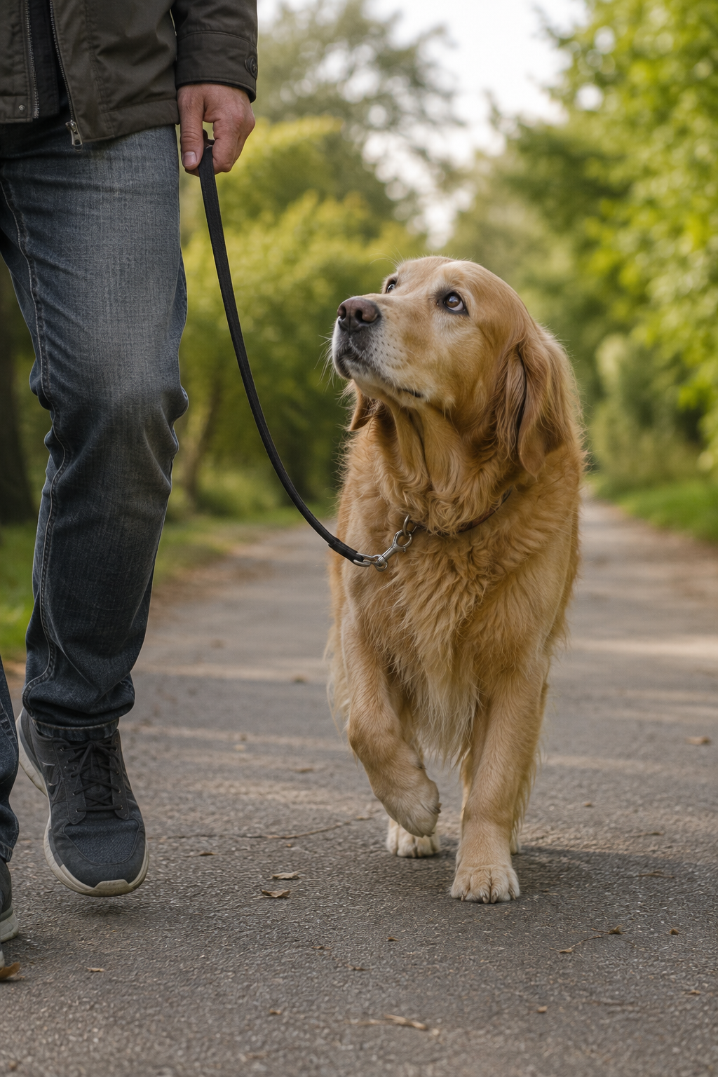 Sántító golden retriever a gazdája mellett egy séta során