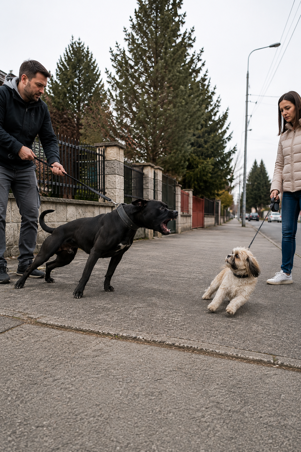 Feszült kutyás találkozás veszélyes helyzetének szemléltetése